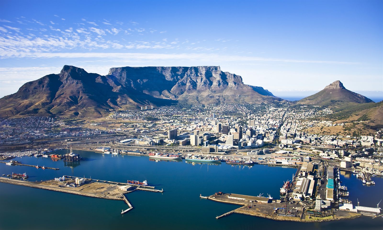 Cape Town harbor and city spread below the flat top of Table Mountain
